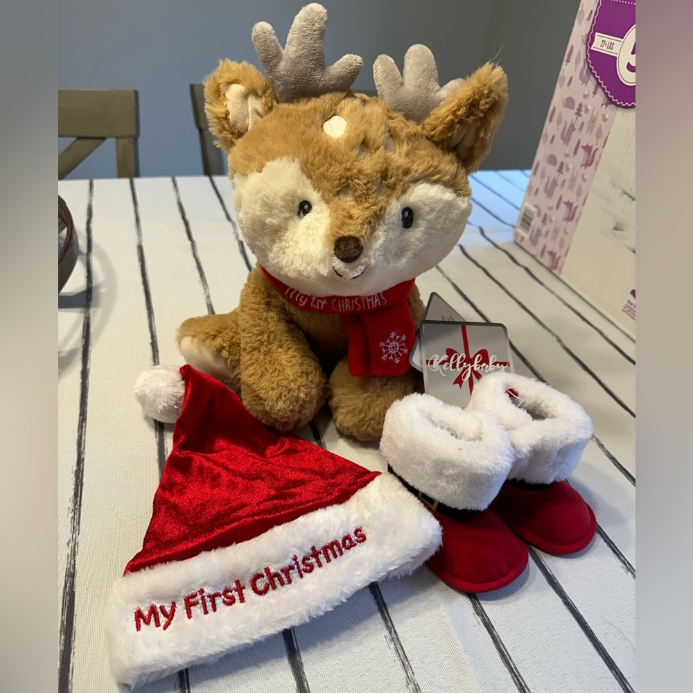 My First Christmas Bundle - Santa Hat, Baby Booties, Stuffed Reindeer